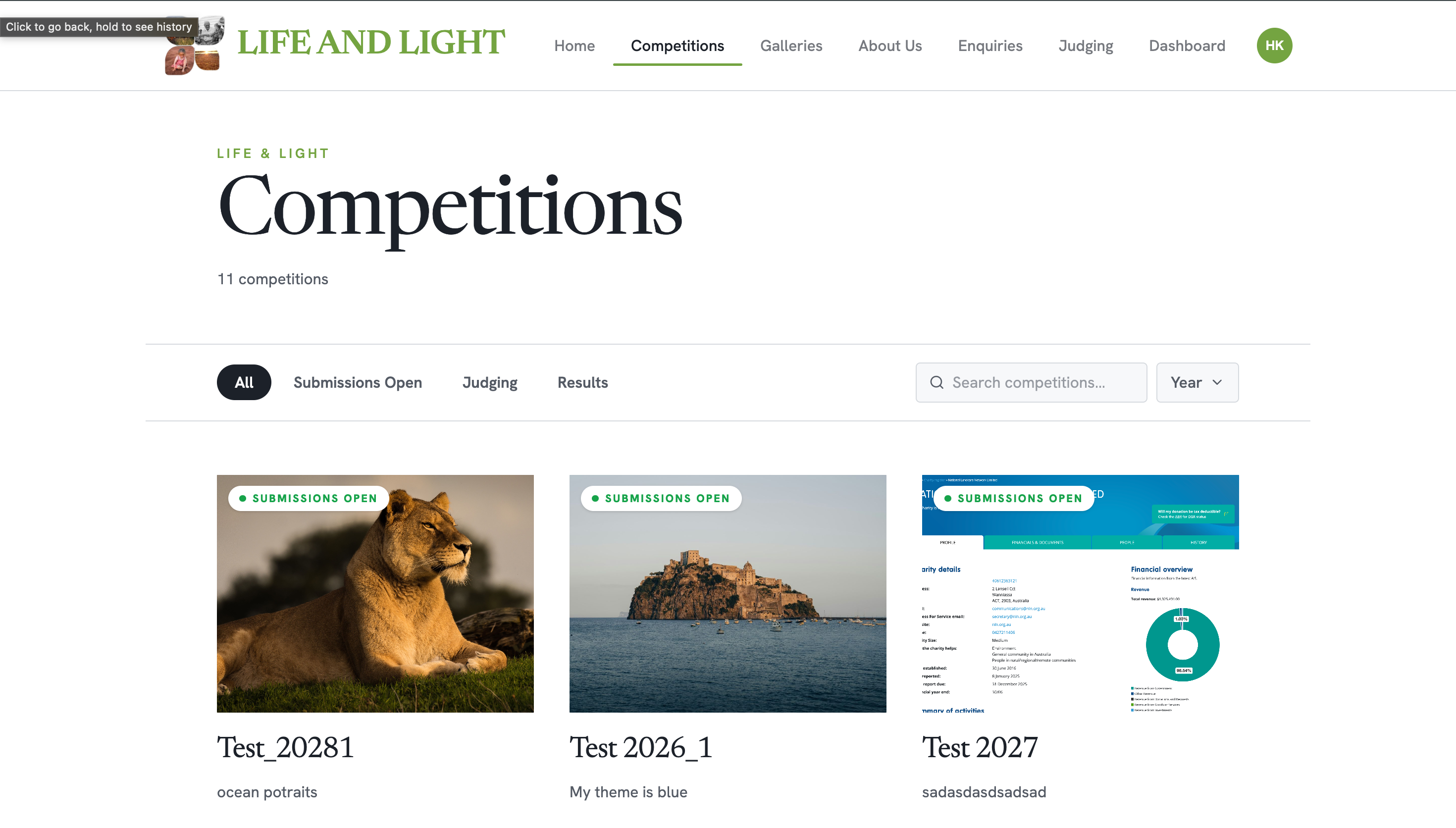 Competitions listing page